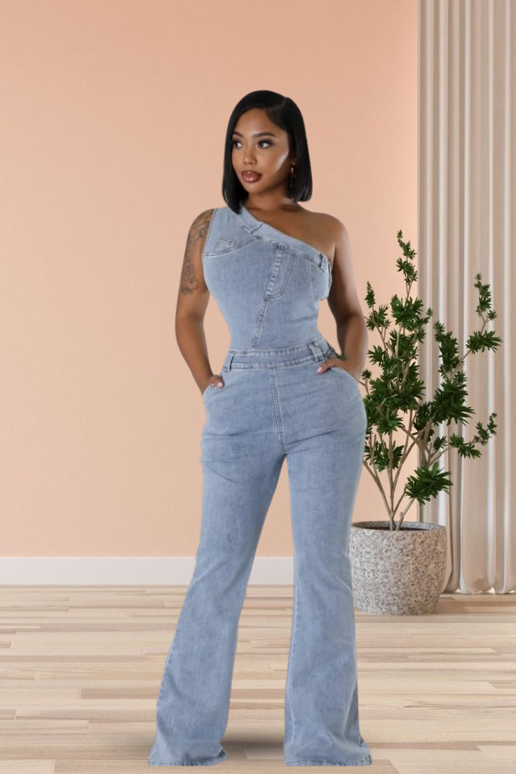 Light wash denim jumpsuit on sale